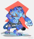 absurd_res anthro bottomwear clothing derpy_(kpopdemonhunters) domestic_cat felid feline felis feral fur growth hair hi_res kpop_demon_hunters male mammal muscular mythological_creature mythology nipples pantherine pants showing_teeth simple_background solo tail teeth tiger torn_bottomwear torn_clothing torn_pants torn_shoes transformation yaflee