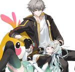  1boy 1girl absurdres aqua_skirt aqua_thighhighs black_coat blue_pupils caelus_(honkai:_star_rail) coat fingerless_gloves firefly_(honkai:_star_rail) gloves grey_hair highres honkai:_star_rail honkai_(series) hood hooded_coat meoyo multicolored_eyes open_clothes open_coat skirt thighhighs trailblazer_(honkai:_star_rail) two-sided_coat two-sided_fabric yellow_coat 