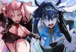  2girls absurdres animal_ears blue_hair breasts chain chain_headband cleavage daaku_(koizumi_arata) detached_sleeves gloves glowing glowing_eyes hair_intakes highres hololive hololive_english horse_ears long_hair mori_calliope mori_calliope_(1st_costume) multicolored_hair multiple_girls open_mouth ouro_kronii ouro_kronii_(1st_costume) pink_eyes pink_hair running short_hair sweat umamusume virtual_youtuber 