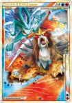  animal_focus artist_name card_(medium) character_name claws company_name copyright_name copyright_notice eba_sachiko english_text entei fangs fire highres higuchi_shinji no_humans official_art open_mouth pokemon pokemon_(creature) pokemon_card pokemon_focus pokemon_tcg red_eyes suicune third-party_source tongue trading_card water 