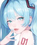  1girl aoi_machi aqua_eyes aqua_hair blue_eyes blue_hair blue_nails closed_mouth hair_ornament hairpin hatsune_miku highres looking_to_the_side nail_polish shoulder_tattoo solo tattoo twintails vocaloid 
