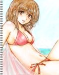  1girl bikini breasts brown_eyes brown_hair cleavage day looking_at_viewer navel ocean original red_bikini side-tie_bikini_bottom solo swimsuit taka_civic traditional_media 