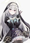  black_dress black_gloves black_thighhighs blue_archive blush closed_mouth double_v dress gloves halo highres red_eyes sakurako_(blue_archive) simple_background takasu_ponu thighhighs thighs trinity_general_school_logo v white_background white_hair yellow_halo 