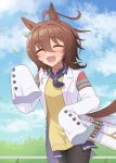  1girl absurdres agnes_tachyon_(umamusume) ahoge animal_ears black_thighhighs blush brown_hair chemical_structure closed_eyes cloud cloudy_sky earrings grass happy highres horse_ears horse_girl horse_tail jack_(jacknoeaka) jewelry lab_coat medium_hair necktie short_necktie single_earring sky sleeves_past_fingers sleeves_past_wrists smile solo sweat sweater sweater_vest tail test_tube thighhighs umamusume waving wolf_cut yellow_sweater yellow_sweater_vest 