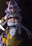  1girl :&lt; absurdres aoi_tabane azarin_(kouyoku_senki_exs-tia) bare_shoulders black_gloves breasts cleavage cleavage_cutout clothing_cutout covered_navel cowboy_shot detached_sleeves elbow_gloves exs-tia_magica gloves hair_intakes hand_on_own_hip headgear highres kouyoku_senki_exs-tia large_breasts long_hair looking_at_viewer magical_girl purple_hair scarf skirt solo very_long_hair white_scarf yellow_eyes yellow_skirt 