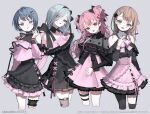  4girls :o arm_at_side arm_behind_back asymmetrical_bangs asymmetrical_legwear bare_shoulders black_bow black_flower black_thighhighs blue_eyes blue_hair bow bow_skirt braid brown_hair brown_nails buttons center_frills clothing_cutout collarbone commentary_request company_name copyright_notice cropped_legs cross-laced_clothes cross-laced_dress cross-laced_skirt cross-laced_slit detached_collar double-parted_bangs dress earrings flower frilled_dress frilled_shirt frilled_sleeves frilled_thigh_strap frills grey_background grey_eyes hair_behind_ear hair_between_eyes hair_bow hair_flower hair_ornament hair_over_one_eye halterneck hanasato_minori hand_ip head_tilt heart heart_button heart_earrings high-waist_skirt highres hinomori_shizuku jewelry jirai_kei karo_(karohroka) kiritani_haruka long_hair long_sleeves looking_at_viewer medium_hair miniskirt mole mole_under_mouth momoi_airi more_more_jump!_(project_sekai) multiple_girls nail_polish open_mouth pale_skin pink_bow pink_hair pink_ribbon pink_shirt pink_skirt project_sekai red_eyes ribbon ribbon-trimmed_dress ribbon-trimmed_skirt ribbon_trim ring shirt shirt_tucked_in short_dress short_hair shoulder_cutout simple_background single_braid single_off_shoulder skindentation skirt sleeve_bow smile teeth thigh_strap thighhighs two_side_up upper_teeth_only web_address 