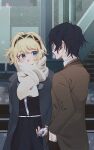  1boy 1girl aigis_(persona) alternate_costume android black_hairband black_jacket black_skirt blonde_hair blue_eyes blue_hair blush brown_jacket closed_mouth commentary_request covered_mouth elulit2 gekkoukan_high_school_uniform gold_trim hairband hand_in_pocket highres holding_hands jacket long_sleeves looking_at_another open_clothes open_jacket persona persona_3 scarf scarf_over_mouth school_uniform short_hair skirt white_scarf winter_clothes yuuki_makoto_(persona_3) 