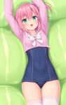  1girl :d aqua_eyes arms_up blue_one-piece_swimsuit bow bowtie breasts collarbone covered_navel cowboy_shot crop_top cropped_shirt hair_between_eyes hair_ornament highres light_blush long_sleeves looking_at_viewer lying medium_hair on_back one-piece_swimsuit one_side_up open_mouth original pink_hair pink_shirt sailor_collar sasaame school_swimsuit shirt small_breasts smile solo star_(symbol) star_hair_ornament swimsuit swimsuit_under_clothes thigh_gap thighhighs white_bow white_bowtie white_sailor_collar white_thighhighs 