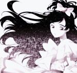  1girl bow bowtie cowboy_shot cure_white dress earrings expressionless floating_clothes floating_hair frilled_arm_warmers frilled_dress frilled_sleeves frills futari_wa_precure greyscale hair_bow hair_ornament heart heart_earrings heart_hair_ornament high_ponytail jewelry long_hair looking_at_viewer magical_girl monochrome nachuchoco parted_lips ponytail precure short_dress short_ponytail short_sleeves simple_background solo split_ponytail swept_bangs tareme very_long_hair white_background yukishiro_honoka 