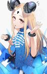  1girl abigail_williams_(fate) abigail_williams_(fgo_fes._2025)_(fate) absurdres bare_arms bare_shoulders black_horns blonde_hair blue_dress blue_eyes breasts curled_horns demon_girl demon_horns dress eyeliner fate/grand_order fate_(series) forehead highres horns keyhole kubomi_943 long_hair looking_at_viewer makeup open_mouth parted_bangs simple_background skin-covered_horns sleeveless sleeveless_dress small_breasts solo standing strapless strapless_dress very_long_hair white_background 