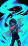  1other absurdres antenna_hair armor armored_boots armored_gloves black_bodysuit blue_background blue_fire blue_hair blue_skin bodysuit boots breastplate cape colored_skin commentary_request deltarune fire floating floating_object gloves glowing grey_gloves hair_over_one_eye hand_up heart highres kris_(dark_world)_(deltarune) kris_(deltarune) medium_hair one_eye_covered onyu_pu open_hand other_focus outstretched_hand parted_lips pink_cape reaching reaching_towards_viewer red_eyes shaded_face shoulder_armor solo yyu_pu 