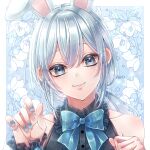  1boy androgynous animal_ears bare_shoulders black_shirt blouse blue_background blue_bow blue_eyes blue_nails border bow bowtie clenched_hand collarbone commentary_request crescent crescent_earrings crossdressing crossdressing_(mtf) dragon_quest dragon_quest_x earrings flower frilled_sleeves frills head_tilt hero_(dq10) highres jewelry kuro11_222 low_ponytail male_focus ponytail rabbit_boy rabbit_ears shirt sleeveless sleeveless_shirt smile solo trap upper_body white_border white_hair 