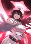  1girl artist_name bambietta_basterbine belt black_belt black_hair bleach breasts commentary fighting_stance grin hat highres jacket long_hair medium_breasts outstretched_arm purple_hair quincy_(bleach) skirt smile smug solo strail_cycleman teeth white_hat white_jacket white_skirt 
