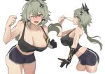  1girl absurdres black_horns blush breasts caesar_king_(zenless_zone_zero) green_hair highres horns large_breasts long_hair looking_at_viewer open_mouth shirokami_da shorts solo tank_top thighhighs zenless_zone_zero 