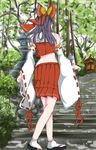  bare_shoulders black_hair bow bunta_(bun05ta) detached_sleeves forest from_behind hair_bow hair_tubes hakurei_reimu long_hair lowleg_skirt nature pleated_skirt ribbon-trimmed_sleeves ribbon_trim sandals skirt skirt_set solo stairs stone_lantern tabi touhou walking_away 