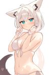  1girl absurdres ahoge animal_ear_fluff animal_ear_piercing animal_ears aqua_eyes bikini blush braid breasts cleavage commentary_request crossed_bangs fox_ears fox_girl fox_tail front-tie_bikini_top front-tie_top hair_between_eyes halterneck hands_up highres holding holding_own_hair hololive long_hair looking_at_viewer low_ponytail medium_breasts pentagram ponytail shirakami_fubuki side-tie_bikini_bottom side_braid simple_background single_braid solo swimsuit tail upper_body verdey very_long_hair virtual_youtuber white_background white_bikini white_hair 