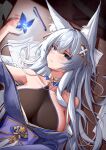  1girl absurdres animal_ear_fluff azur_lane bare_shoulders blue_butterfly blue_eyes breasts bug butterfly cleavage closed_mouth collarbone grey_hair highres large_breasts long_hair looking_at_viewer lying on_back shinano_(azur_lane) solo youten_yy 