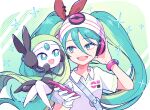  2girls beanie black_dress blue_eyes blue_hair blush bracelet cellphone collared_shirt dress gloves green_hair hair_between_eyes hair_ribbon hat hatsune_miku headphones highres holding holding_phone jewelry kkanyong long_hair looking_at_another meloetta meloetta_(aria) multiple_girls official_alternate_costume official_alternate_hairstyle open_mouth phone poke_ball_print poke_ball_symbol pokemon project_voltage psychic_miku_(project_voltage) red_ribbon ribbon shirt short_sleeves single_glove smartphone smile twintails very_long_hair vocaloid white_gloves white_shirt 