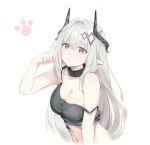  1girl :&lt; arknights bare_arms bare_shoulders black_choker black_shirt breasts camisole choker cleavage crop_top cropped_torso demon_horns hand_up horns infection_monitor_(arknights) large_breasts long_hair looking_at_viewer material_growth midriff mudrock_(arknights) navel oripathy_lesion_(arknights) paw_pose pink_eyes pointy_ears shirt simple_background sleeveless sleeveless_shirt solo strap_slip white_background white_hair zapik 