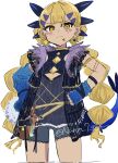 1234eabc 1girl aged_down belt black_shirt black_shorts blonde_hair blue_arm_warmers blush body_markings braid braided_twintails clothing_cutout dark-skinned_female dark_skin dragon_girl dragon_horns dragon_tail earrings facial_mark fate/grand_order fate_(series) gold_armlet hair_ornament hairclip highres horns jewelry lace-trimmed_shorts lace_trim long_hair looking_at_viewer shirt shoes shorts side_labret_piercing solo standing tail vritra_(fate) yellow_eyes 