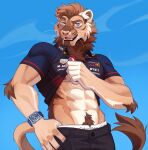 abs bottomwear calvin_klein clock clothing felid feline fur hair hi_res looking_at_viewer male mammal navel nipple_piercing nipples noirekatt pants piercing pubes shirt simple_background solo tail topwear underwear watch