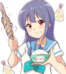  blue_hair blue_neckerchief blue_sailor_collar blush bowl closed_mouth crumbs eating fish fish_(food) food fried_fish hibike!_euphonium highres holding kanmuri_neko kitauji_high_school_uniform long_hair neckerchief red_eyes rice rice_bowl sailor_collar school_uniform serafuku shirt short_sleeves shrimp shrimp_tempura tempura upper_body white_shirt yoroizuka_mizore 