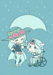  2boys beard belt belt_buckle blue_theme bridal_gauntlets buckle cape chibi chibi_only commentary_request cowboy_hat facial_hair goggles goggles_on_headwear gold_teeth gyro_zeppeli hat highres holding holding_umbrella horseshoe_hat_ornament horseshoe_ornament johnny_joestar jojo_no_kimyou_na_bouken long_hair m_a_a_m_8 male_focus medium_hair multiple_boys rain shared_umbrella short_sleeves sitting smile spurs star_(symbol) star_print steel_ball_run umbrella wheelchair 