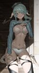  1girl absurdres au_ra black_hat blue_eyes blue_hair blue_shirt blurry blurry_background blush breasts center_opening character_request clothes_lift final_fantasy final_fantasy_xiv hand_on_own_thigh hat highres horns hyuu_(sing-dog) linea_alba looking_at_viewer navel pink_lips ringed_eyes shirt shirt_lift sidelocks smile solo 
