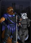 2025 anthro artificer_(voriof1) black_bodysuit black_clothing black_gloves black_handwear black_skinsuit blue_eyes bodysuit brown_body brown_fur brown_hair canid canine canis clothed clothed_anthro clothed_female clothed_male clothing desmond_fargrove duo eyewear female fur glasses gloves green_eyes grey_hair gulonine hair handwear hi_res holding_object holding_staff male mammal mature_anthro mature_female mustelid musteline planktonheretic skinsuit staff superhero supervillain thick_thighs tight_clothing visor wearing_glasses wolf wolverine