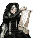  1girl absurdres black_dress black_veil bonnet braid closed_mouth colored_eyelashes doll doll_joints dress elden_ring elden_ring_nightreign frilled_veil frills goth_fashion gothic_lolita grey_eyes hair_between_eyes highres holding holding_instrument holding_lyre instrument joints juliet_sleeves lolita_fashion long_hair long_sleeves looking_to_the_side low_twin_braids lyre meltted music official_alternate_costume parted_bangs playing_instrument puffy_sleeves revenant_(elden_ring) sitting solo twin_braids upper_body veil white_background white_eyelashes white_hair 