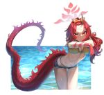  1girl absurdres bare_shoulders bent_over bikini blue_archive blush breasts denim denim_shorts dragon_girl dragon_horns dragon_tail halo highres horns long_hair looking_at_viewer navel official_alternate_costume red_eyes red_hair renge_(blue_archive) renge_(swimsuit)_(blue_archive) shorts simple_background single_horn smile solo standing stomach swimsuit tail walking_nakta yellow_bikini 