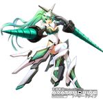  aqua_eyes black_gloves copyright_name drill gloves green_hair ken_(fkenorat) kousoku_kidou_avatar_drive lance long_hair mecha_musume open_mouth polearm ponytail solo thighhighs unicorn watermark weapon white_background white_legwear 