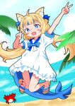  1girl absurdres ahoge alternate_costume animal_ears b_j_blazkowicz blue_eyes blue_hair brown_sandals cat_ears double_v dress fang fins fish_girl fish_tail highres indie_virtual_youtuber kaniki_(sameko_saba) long_hair looking_at_viewer low_twintails sameko_saba sandals skin_fang solo tail twintails v very_long_hair white_dress 