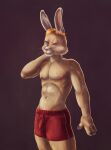 anthro blonde_hair bottomwear brown_background bulge clothed clothing front_view fur glistening glistening_eyes grin hair hi_res lagomorph leporid looking_at_viewer male male_anthro mammal nipples pink_nipples portrait rabbit red_bottomwear red_clothing satanic_monkey short_hair simple_background smile solo standing tan_body tan_fur three-quarter_portrait topless whiskers