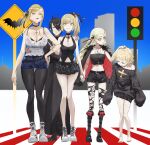  1boy 4girls absurdres ahoge animal_print araragi_koyomi bare_shoulders bat_print black_hair black_pantyhose black_shorts black_skirt black_sweater blonde_hair blue_shorts breasts closed_eyes cross cross_necklace full_body grin hair_over_one_eye highres jewelry kiss-shot_acerola-orion_heart-under-blade large_breasts long_hair looking_at_another looking_at_viewer medium_breasts midriff monogatari_(series) multiple_girls multiple_persona navel necklace oshino_shinobu pantyhose ponytail red_lips seductive_smile shoes short_shorts shorts sidelocks skirt smile sweater tabulagami thighhighs torn_clothes torn_thighhighs traffic_light v white_shoes 