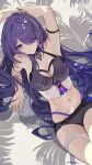  1girl absurdres acheron_(honkai:_star_rail) ai_dongdong alternate_costume arm_behind_head arm_strap armpits bandaged_leg bandages bikini black_bikini breasts cleavage closed_mouth hair_over_one_eye highres honkai:_star_rail honkai_(series) long_hair looking_at_viewer navel outdoors purple_eyes purple_hair solo stomach swimsuit 