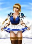  1girl blonde_hair blue_eyes brown_legwear highres long_hair looking_at_viewer panties raku_soukutsu skirt skirt_lift smile solo sophitia_alexandra soul_calibur soulcalibur_i standing thighhighs underwear upskirt white_panties yuchan_(rakugaki_no_soukutsu) 