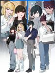  2boys 2girls ahoge bag black_hair black_shirt blonde_hair brown_pants card casual danganronpa_(series) danganronpa_v3:_killing_harmony facial_hair gaba33 goatee grin hair_ornament hair_scrunchie harukawa_maki highres holding holding_card long_hair low_twintails momota_kaito multiple_boys multiple_girls oma_kokichi pants red_scrunchie saihara_shuichi scrunchie shirt shopping_bag skirt smile spiked_hair teeth twintails 