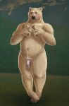 anthro balls_outline bear belly big_belly brown_eyes bulge clothed clothing detailed_bulge front_view full-length_portrait fur genital_outline glistening glistening_eyes hi_res looking_at_viewer male male_anthro mammal mouth_closed narrowed_eyes overweight overweight_anthro overweight_male penis_outline polar_bear portrait pubes satanic_monkey shy solo standing tan_body tan_fur topless ursine