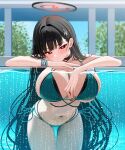  1girl absurdres alternate_costume aqua_bikini arm_rest bikini black_bikini black_hair black_halo blue_archive blue_sky blush breast_press breasts bright_pupils cleavage collarbone commentary cosplay cropped day hair_ornament hairclip halo highres huge_breasts kikyou_(blue_archive) kikyou_(blue_archive)_(cosplay) kikyou_(swimsuit)_(blue_archive) layered_bikini long_hair looking_at_viewer mechanical_halo mizikayo navel outdoors paid_reward_available partially_underwater_shot red_eyes rio_(blue_archive) side-tie_bikini_bottom sky solo stomach swimsuit thighs very_long_hair white_pupils 