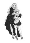  2boys alternate_costume apron black_dress braid closed_mouth clothes_lift cloud_strife collared_dress crossdressing dress dress_lift enmaided final_fantasy final_fantasy_vii frilled_apron frills highres juliet_sleeves long_hair long_sleeves looking_at_another maid maid_apron male_focus male_maid mary_janes multiple_boys pantyhose puffy_sleeves sephiroth shoes smile spiked_hair standing thighhighs toned toned_male twin_braids white_apron white_background white_pantyhose white_thighhighs xiojio293506 