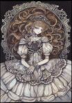  1girl acrylic_paint_(medium) brown_hair commentary_request dress english_commentary expressionless gloves gothic_lolita grey_eyes hair_spread_out hairband half-closed_eyes highres lolita_fashion lolita_hairband long_hair looking_at_viewer mixed-language_commentary original painting_(medium) pale_skin ribs solo sumire_shisei traditional_media wavy_hair white_dress 