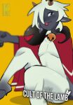 2025 2_horns anthro blep bottomless bottomless_male bovid caprine clothed clothing cult_of_the_lamb digital_drawing_(artwork) digital_media_(artwork) hair hi_res horn kittem4 lamb_(cult_of_the_lamb) looking_at_viewer male male_anthro mammal massive_monster_(studio) red_crown_(cult_of_the_lamb) sheep simple_background sitting solo tongue tongue_out white_body white_hair yellow_background