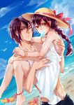  1girl anklet barefoot beach bracelet braid day dress dutch_angle food free! hat holding jewelry long_hair matsuoka_gou matsuoka_rin nail_polish necklace ocean popsicle purple_hair sand sandals shirtless sun_hat sundress 