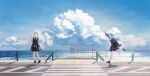 2girls arm_up bag bang_dream! bang_dream!_it&#039;s_mygo!!!!! blue_hair blue_shirt blue_skirt brown_bag closed_eyes cloud commentary crosswalk cumulonimbus_cloud day english_commentary green_hair grey_neckerchief highres kamakura_(city) long_hair long_sleeves multiple_girls neckerchief ocean open_mouth outdoors plaid_clothes plaid_skirt pleated_skirt road running school_bag school_uniform shirt shoulder_bag sidelocks skirt sky togawa_sakiko tsukinomori_school_uniform two_side_up umie_(iowae) wakaba_mutsumi yellow_eyes 