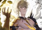  1boy absurdres alternate_form asymmetrical_wings bare_pectorals black_shirt black_wings blonde_hair cracked_skin hair_between_eyes halo halo_behind_head hashtag-only_commentary highres honkai:_star_rail honkai_(series) looking_at_viewer male_focus material_growth nongxy_nonshi pectorals phainon_(honkai:_star_rail) shirt short_hair solo torn_clothes torn_shirt wings yellow_blood yellow_eyes yellow_wings 