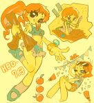  1girl aged_down bangle bare_shoulders barefoot birthday bracelet child closed_mouth commentary_request confetti crop_top dated dress eyewear_on_head food fruit full_body happy_birthday high_ponytail highres holding holding_map holding_quill jewelry kneehighs korean_commentary log_pose long_hair mandarin_orange map midriff miniskirt multiple_views nami_(one_piece) navel one_piece open_mouth orange_hair orange_skirt party_popper ponytail quill sandals seiza shirt short_hair short_sleeves shoulder_tattoo sitting skirt sleeveless sleeveless_dress smile socks sparkle spookeygoost sunglasses tattoo 