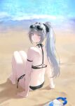  1girl absurdres arm_strap back bare_legs bare_shoulders barefoot beach bikini black_bikini black_survival closed_mouth eternal_return:_black_survival expressionless eyewear_on_head from_behind grey_eyes grey_hair hair_intakes hair_ribbon halterneck haze_(black_survival) haze_(private_summer)_(black_survival) highres knees_up long_hair looking_at_viewer looking_back median_furrow official_alternate_costume ponytail red_pupils ribbon shoulder_blades sidelocks sitting solo sunglasses swimsuit thigh_strap thighs zapik 