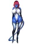 1girl aiz_gunafari arms_at_sides ass_visible_through_thighs blue_eyes blue_skin breasts colored_skin covered_navel dairoku_ryouhei elbow_gloves full_body gloves grey_thighhighs hair_between_eyes highres large_breasts leotard looking_at_viewer mizunoto_seiryuu multicolored_hair purple_hair red_hair solo streaked_hair tail thighhighs 