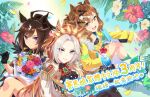  3girls ahoge animal_ears anniversary bad_source black_gloves blue_eyes blue_petals bouquet bow bowtie braid breasts brown_hair buttons chinese_commentary chinese_text commentary_request crop_top double-breasted duramente_(umamusume) ear_covers ear_ornament ear_piercing earrings epaulettes falling_petals flower food gloves hair_bun hair_ornament half_up_braid hibiscus highres holding holding_bouquet holding_food holding_popsicle horse_ears horse_girl jacket jewelry jungle_pocket_(umamusume) long_hair long_sleeves looking_at_viewer medium_breasts medium_hair multicolored_hair multiple_girls official_art orange_hair orfevre_(umamusume) parted_bangs petals piercing popsicle purple_eyes red_bow red_bowtie red_petals shorts sidelocks single_ear_cover small_breasts streaked_hair traditional_chinese_text translation_request umamusume white_hair white_jacket white_petals yellow_eyes yellow_jacket yellow_petals 